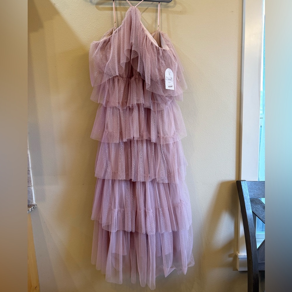 ARULA Purple Tiered Ruffled Halter Gown